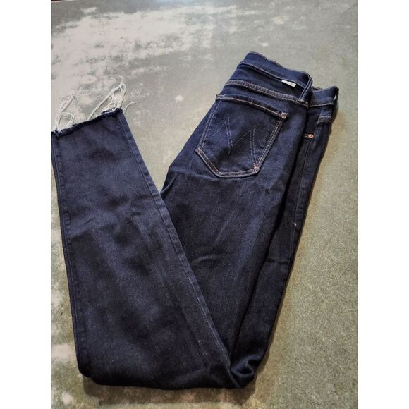 Mother The Looker Ankle Fray Jean Raw Cut Crop Stretch Denim So Good Dark Wash s - Picture 2 of 6